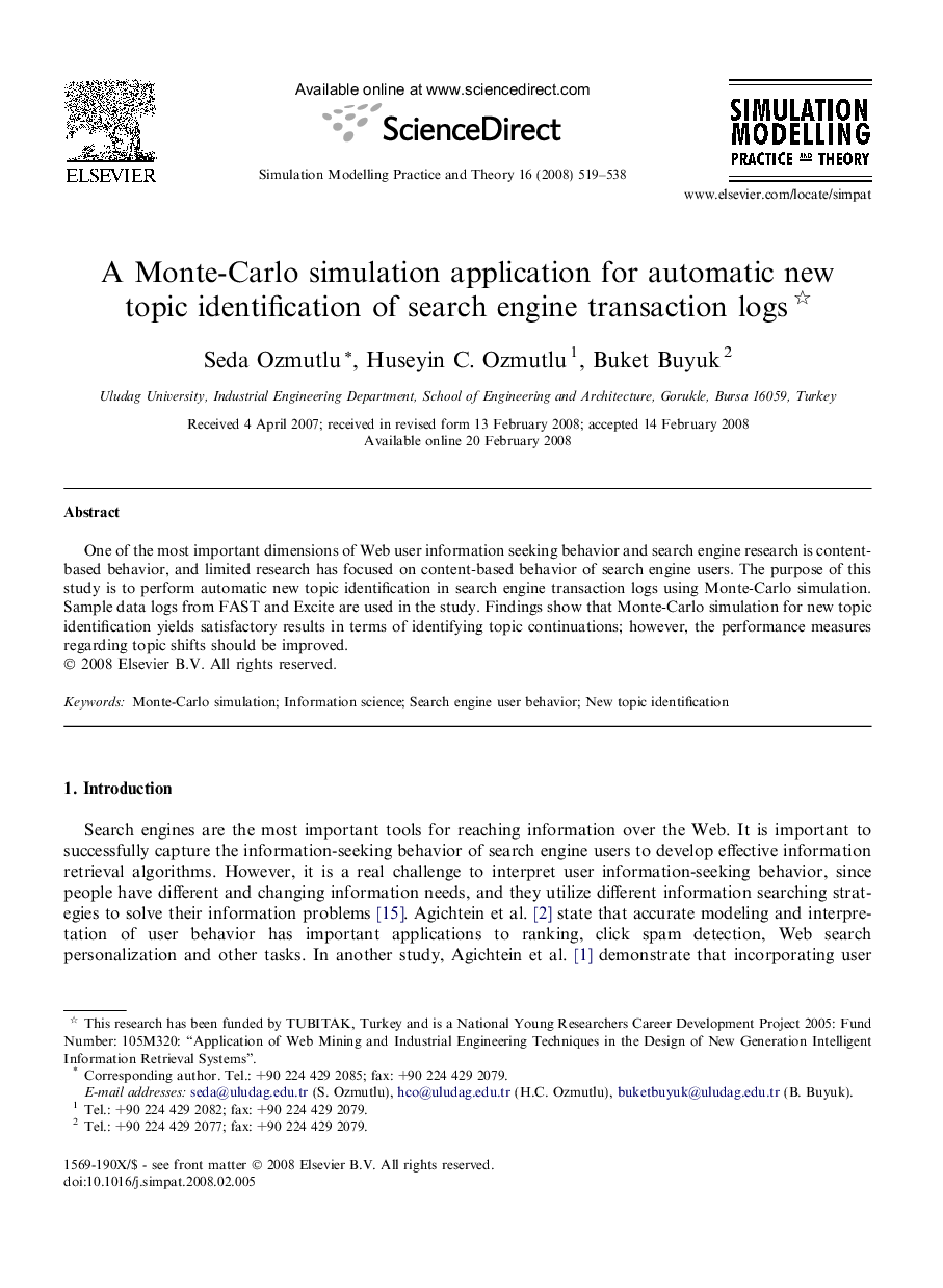 A Monte-Carlo simulation application for automatic new topic identification of search engine transaction logs 