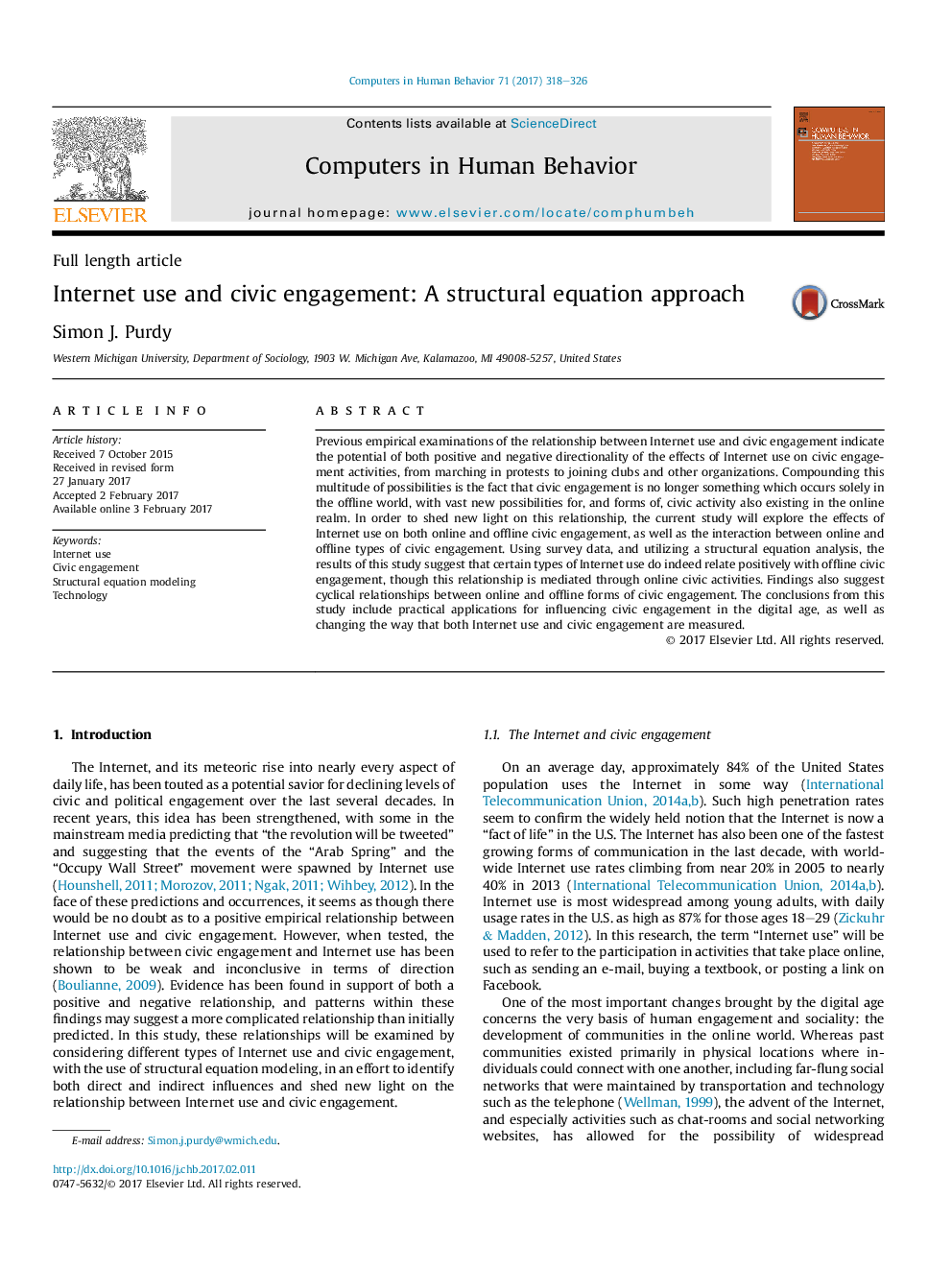 Internet use and civic engagement: A structural equation approach