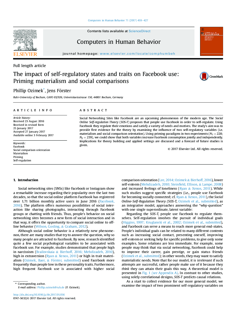 The impact of self-regulatory states and traits on Facebook use: Priming materialism and social comparisons