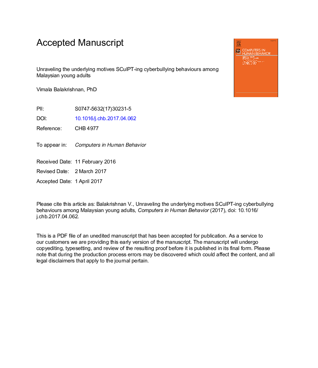 Unraveling the underlying factors SCulPT-ing cyberbullying behaviours among Malaysian young adults