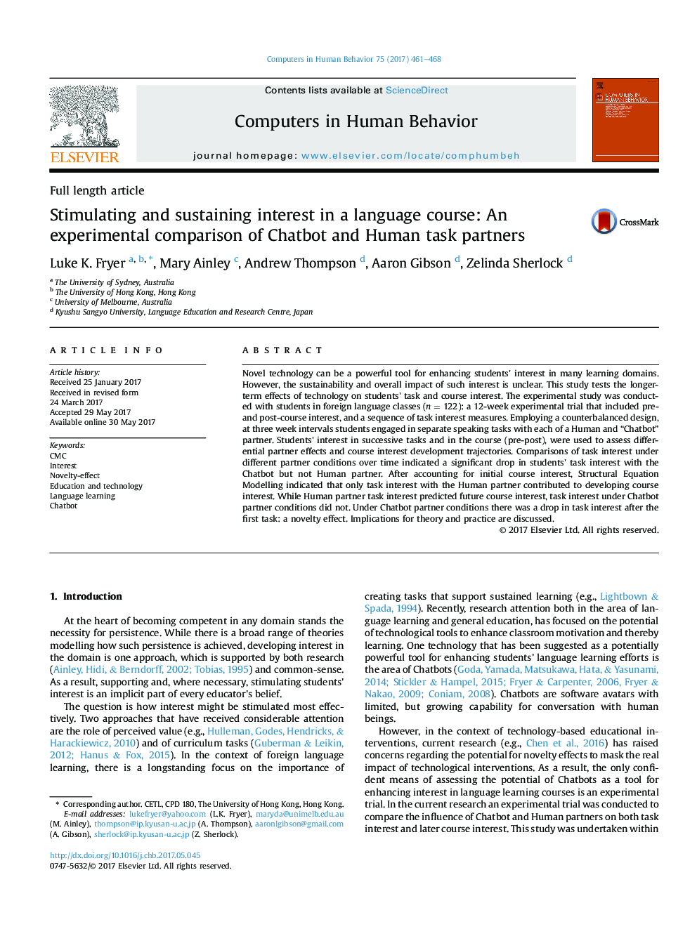 Stimulating and sustaining interest in a language course: An experimental comparison of Chatbot and Human task partners