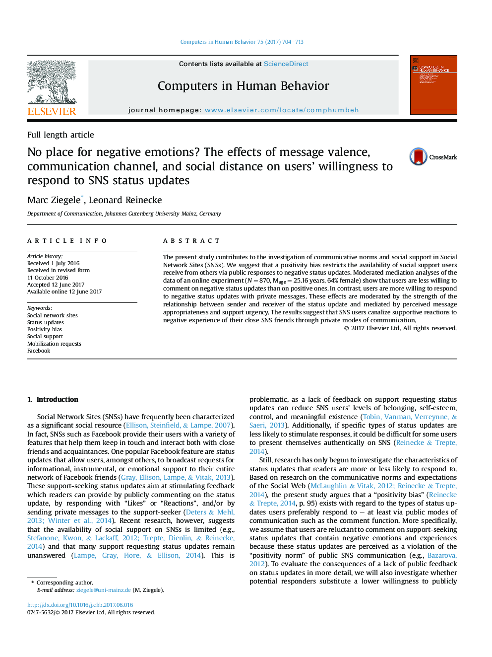 No place for negative emotions? The effects of message valence, communication channel, and social distance on users' willingness to respond to SNS status updates