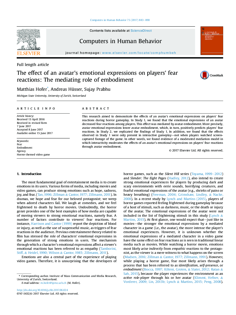 The effect of an avatar's emotional expressions on players' fear reactions: The mediating role of embodiment