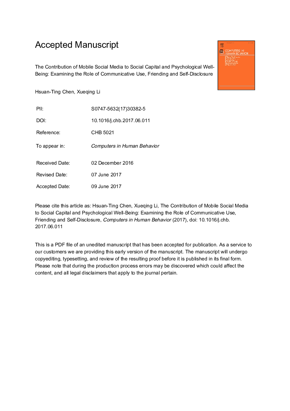 The contribution of mobile social media to social capital and psychological well-being: Examining the role of communicative use, friending and self-disclosure