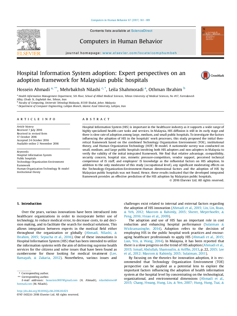 Hospital Information System adoption: Expert perspectives on an adoption framework for Malaysian public hospitals