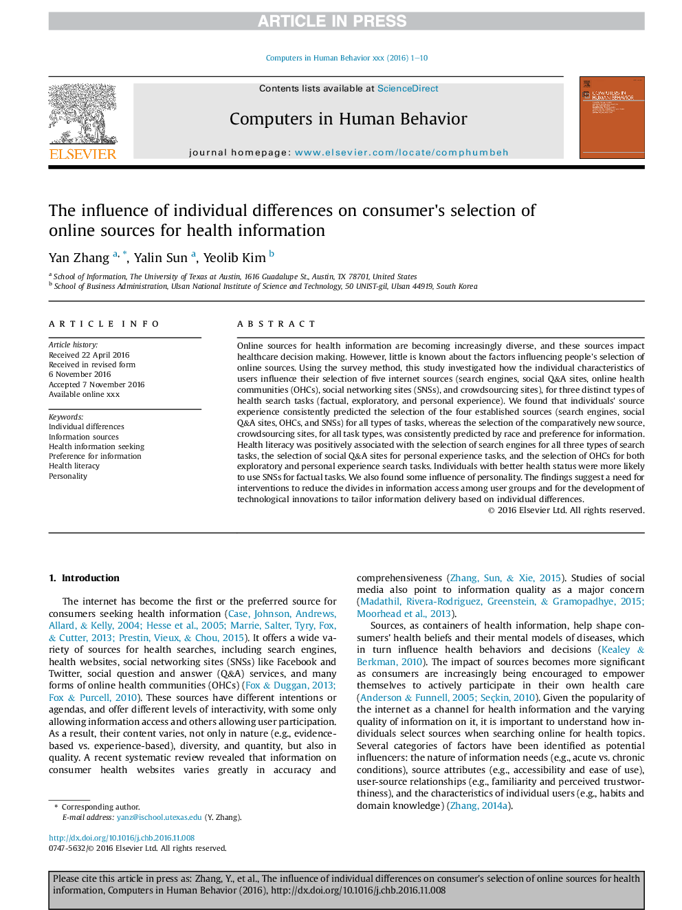 The influence of individual differences on consumer's selection of online sources for health information