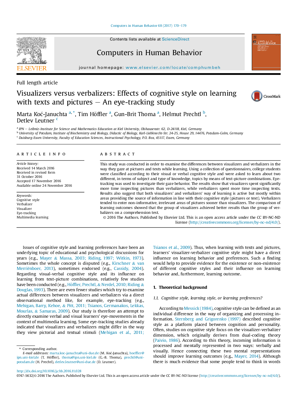 Visualizers versus verbalizers: Effects of cognitive style on learning with texts and pictures - An eye-tracking study