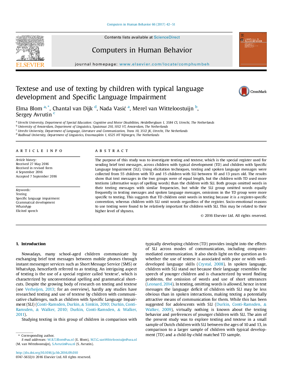 Textese and use of texting by children with typical language development and Specific Language Impairment