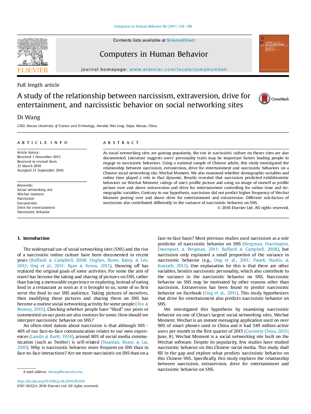 A study of the relationship between narcissism, extraversion, drive for entertainment, and narcissistic behavior on social networking sites