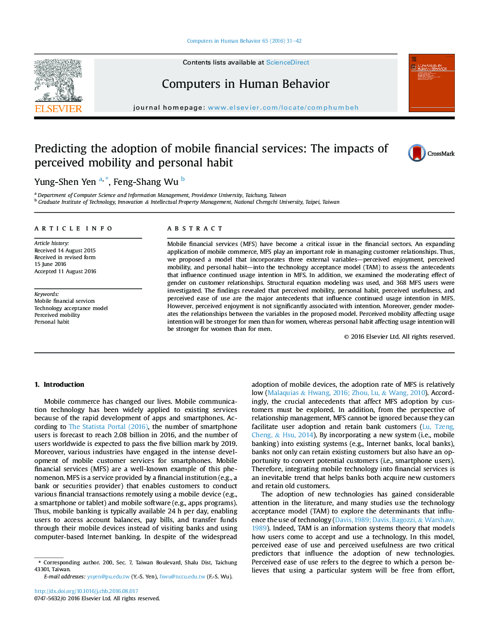 Predicting the adoption of mobile financial services: The impacts of perceived mobility and personal habit