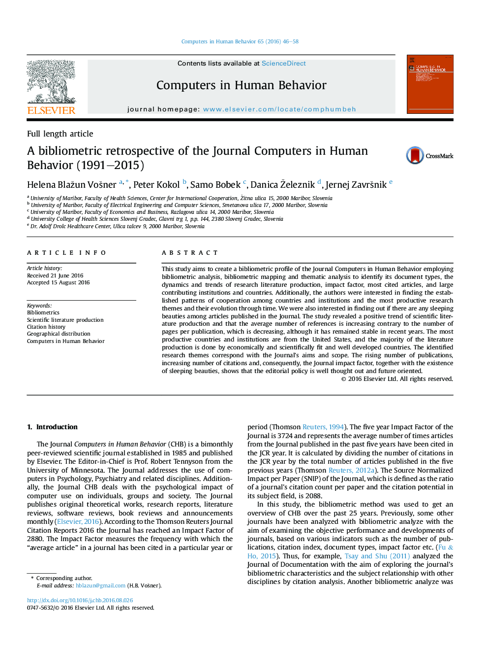 A bibliometric retrospective of the Journal Computers in Human Behavior (1991-2015)