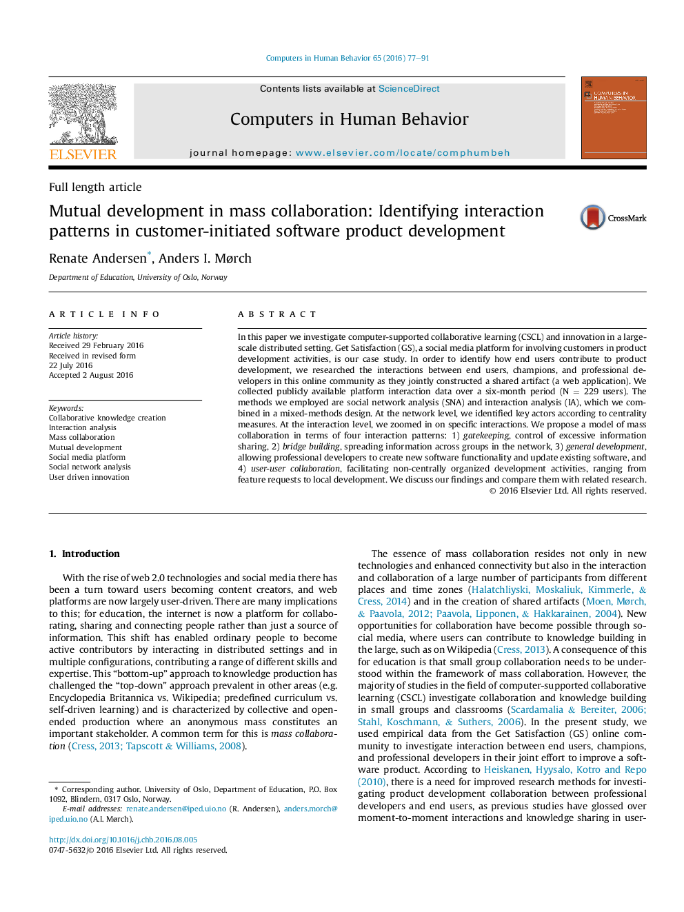 Mutual development in mass collaboration: Identifying interaction patterns in customer-initiated software product development