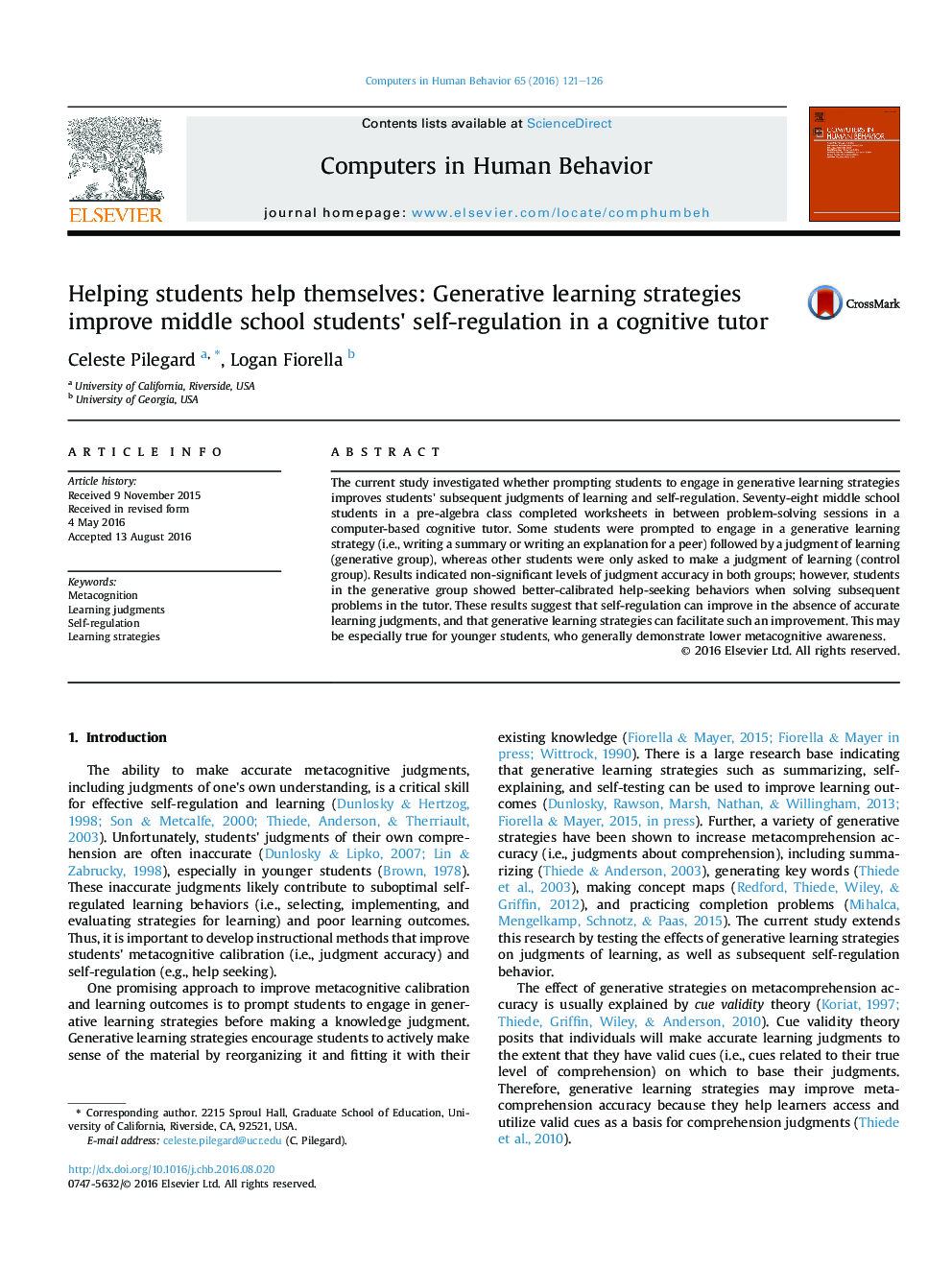 Helping students help themselves: Generative learning strategies improve middle school students' self-regulation in a cognitive tutor