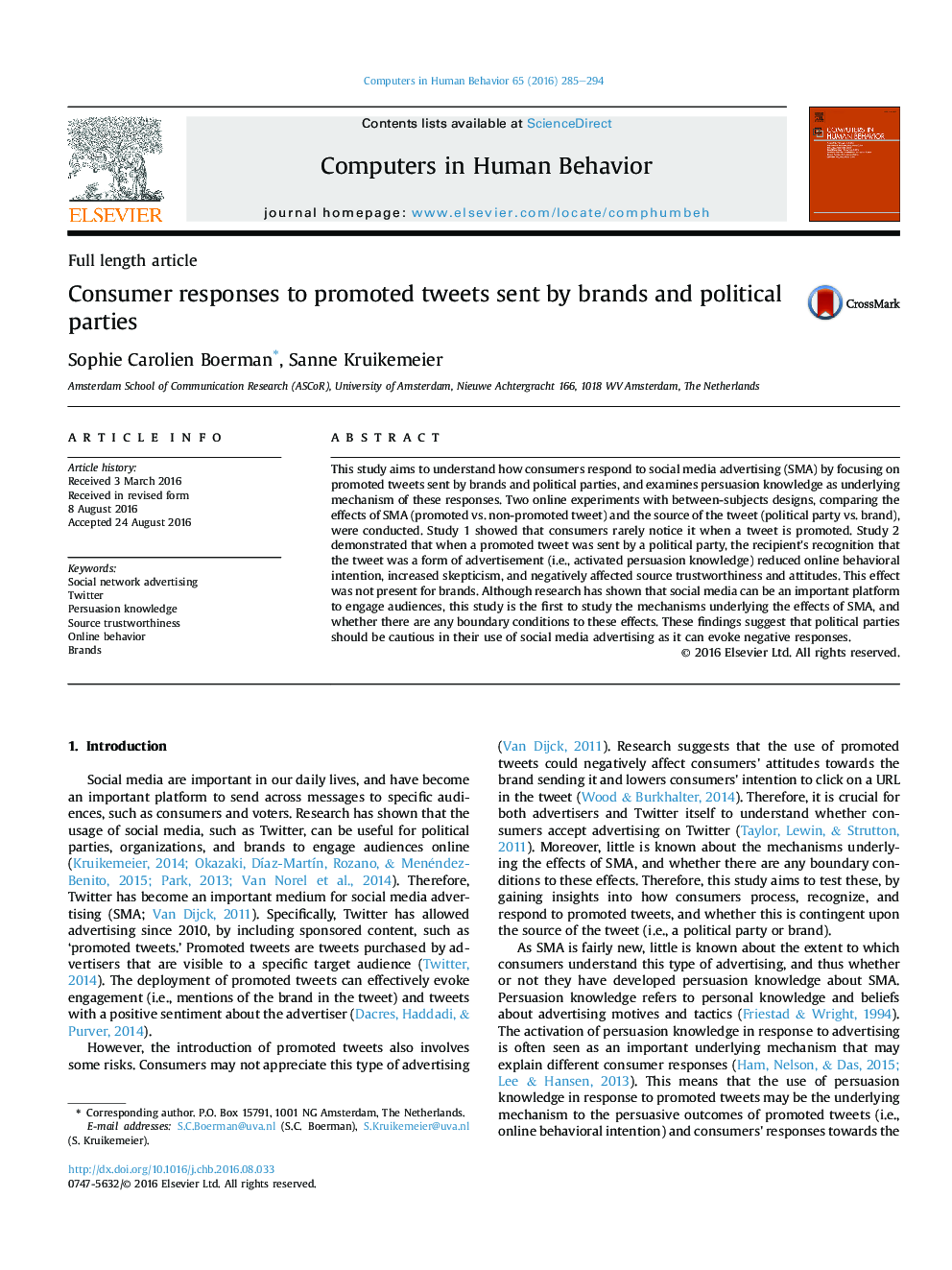 Consumer responses to promoted tweets sent by brands and political parties