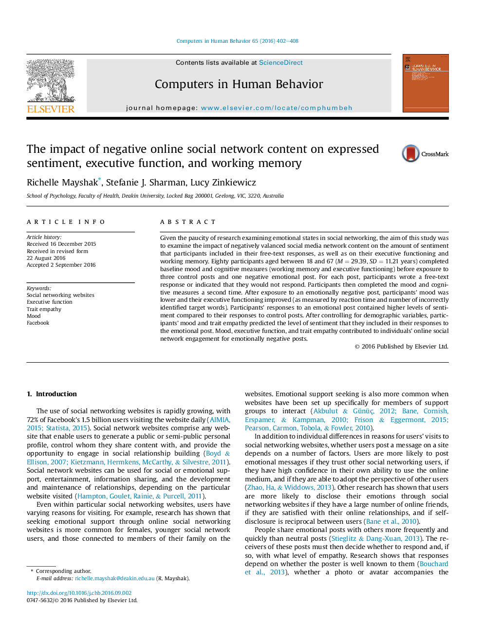 The impact of negative online social network content on expressed sentiment, executive function, and working memory