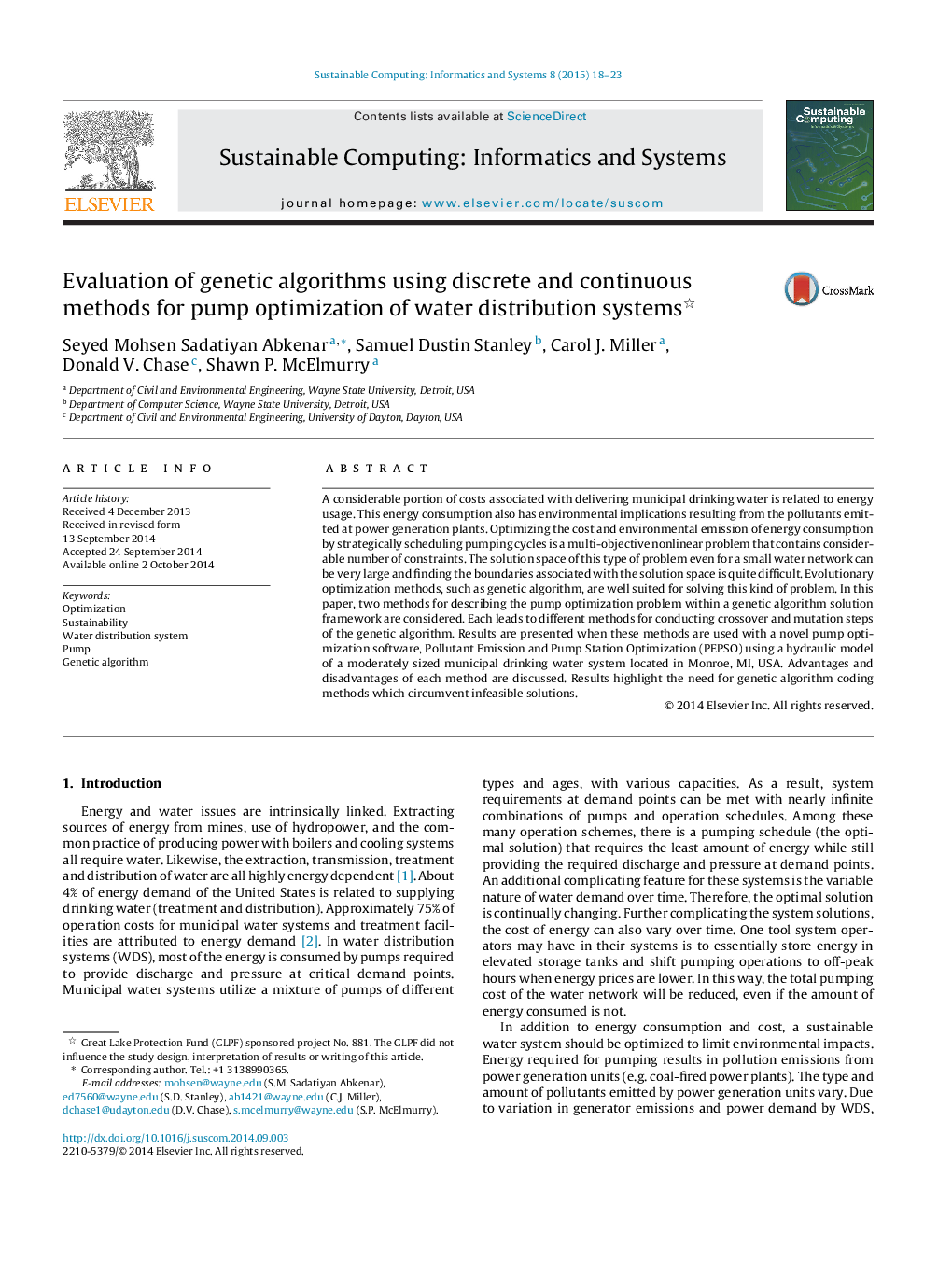 Evaluation of genetic algorithms using discrete and continuous methods for pump optimization of water distribution systems 