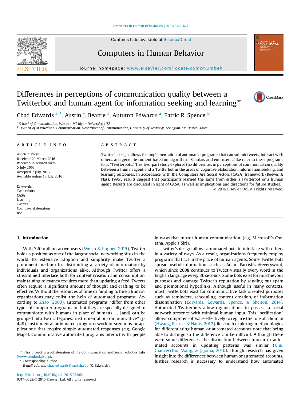 Differences in perceptions of communication quality between a Twitterbot and human agent for information seeking and learning