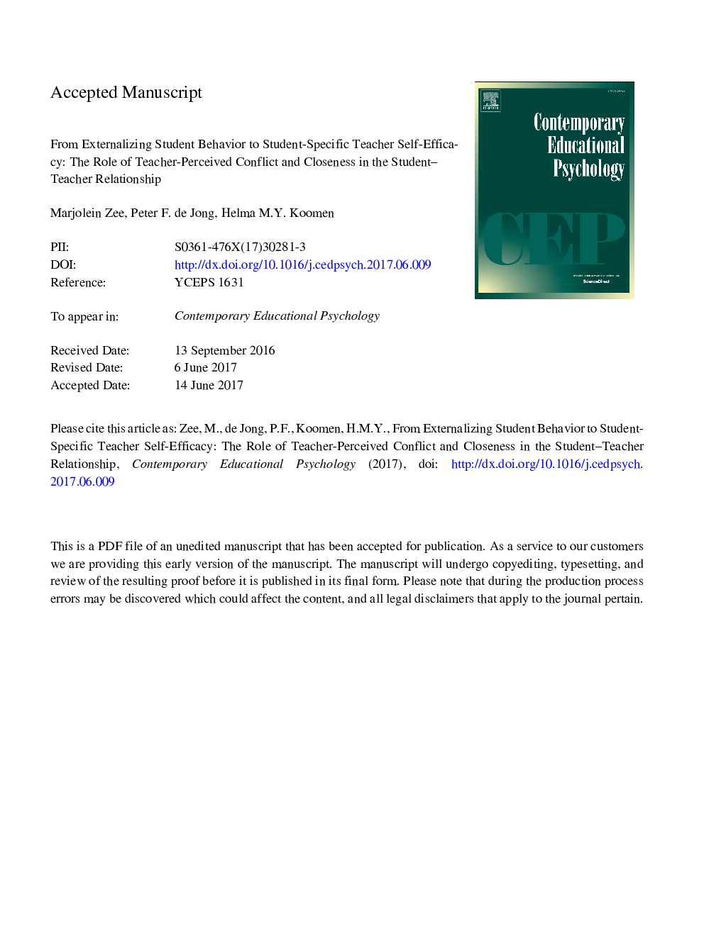 From externalizing student behavior to student-specific teacher self-efficacy: The role of teacher-perceived conflict and closeness in the student-teacher relationship