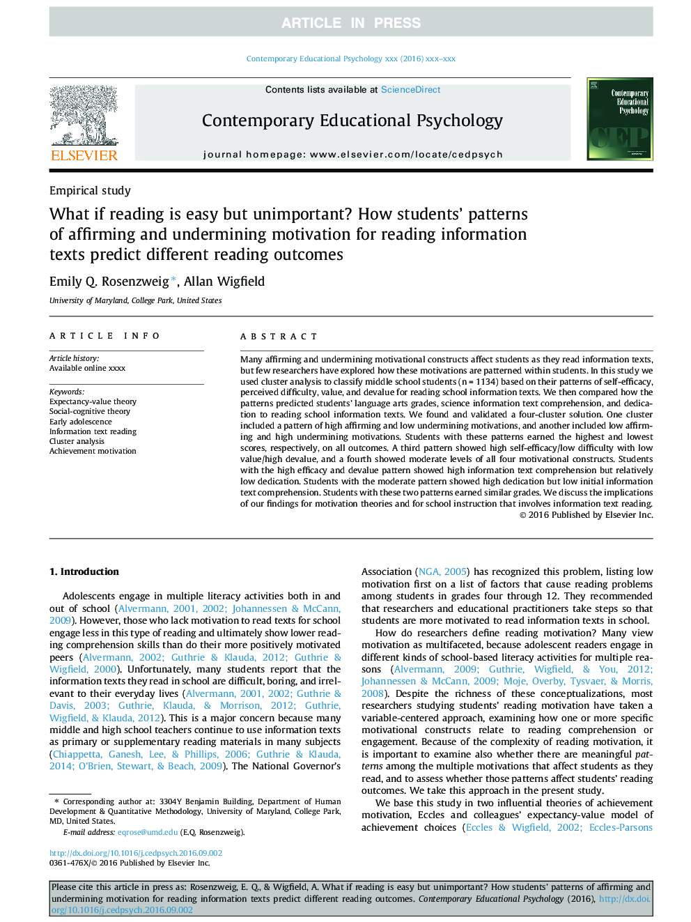 What if reading is easy but unimportant? How students' patterns of affirming and undermining motivation for reading information texts predict different reading outcomes