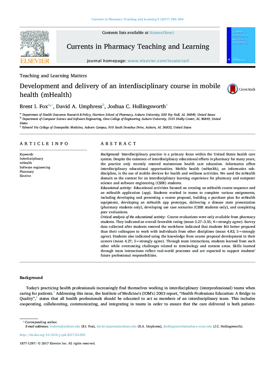 Development and delivery of an interdisciplinary course in mobile health (mHealth)