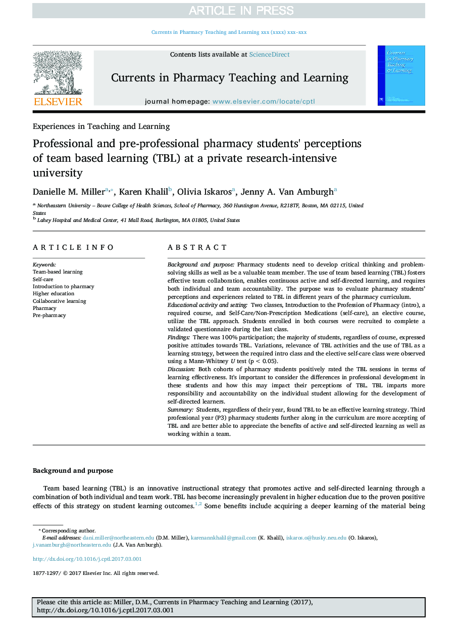 Professional and pre-professional pharmacy students' perceptions of team based learning (TBL) at a private research-intensive university