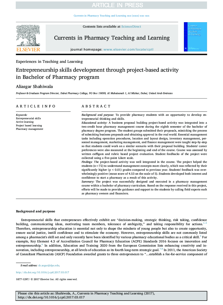 Entrepreneurship skills development through project-based activity in Bachelor of Pharmacy program