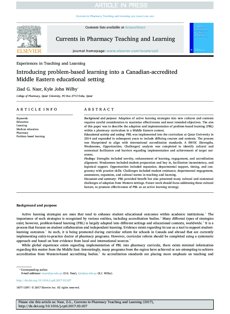 Introducing problem-based learning into a Canadian-accredited Middle Eastern educational setting