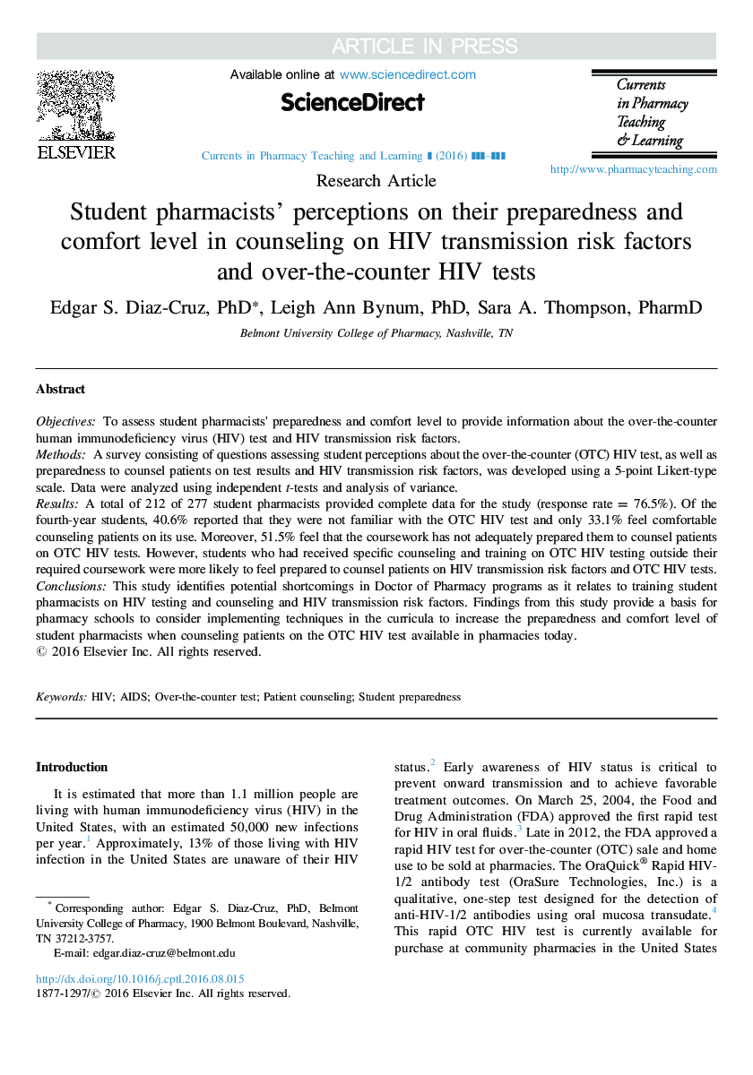 Student pharmacists' perceptions on their preparedness and comfort level in counseling on HIV transmission risk factors and over-the-counter HIV tests