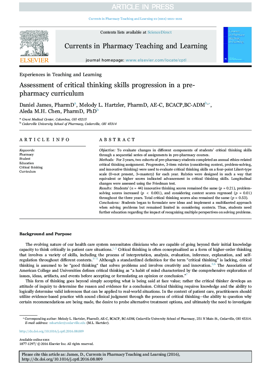 Assessment of critical thinking skills progression in a pre-pharmacy curriculum