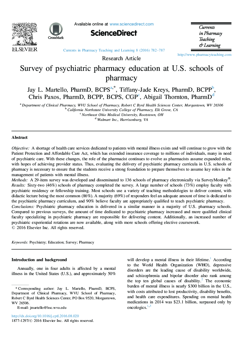 بررسی آموزش روانپزشکی داروخانه در مدارس داروسازی ایالات متحده 