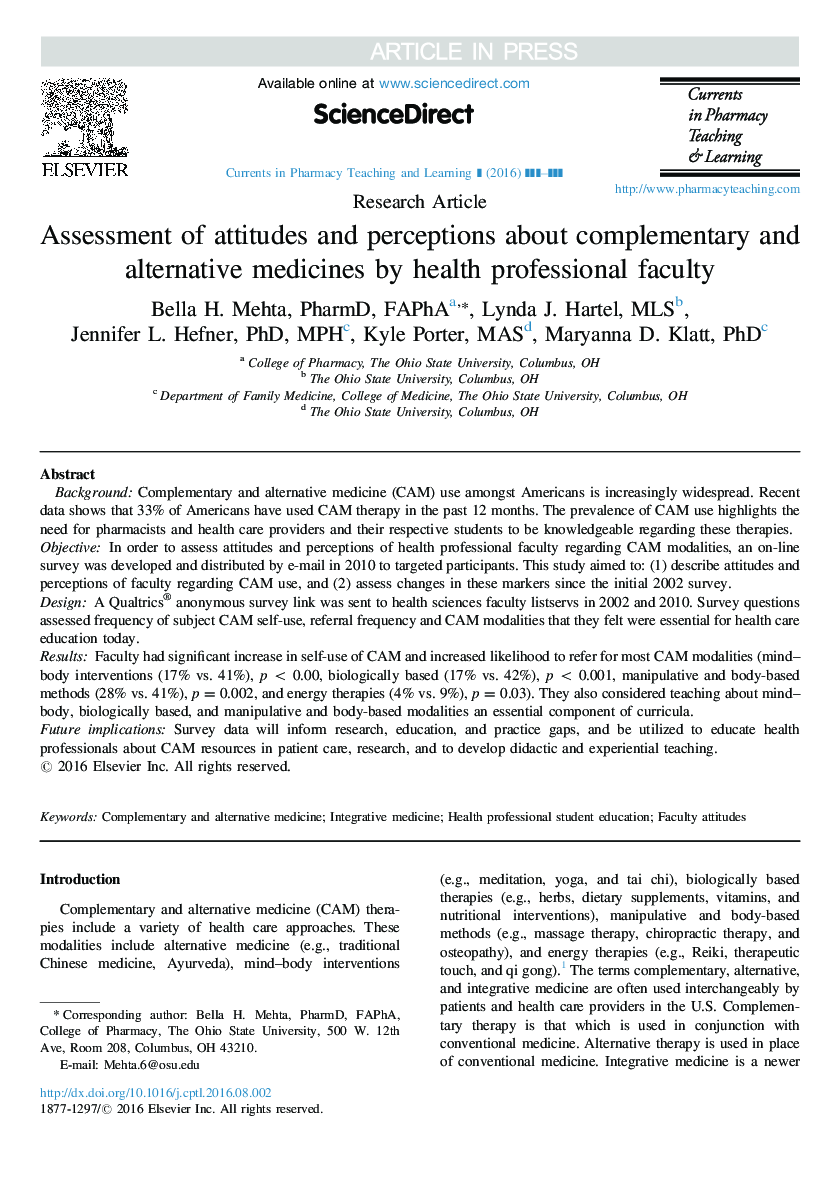 Assessment of attitudes and perceptions about complementary and alternative medicines by health professional faculty