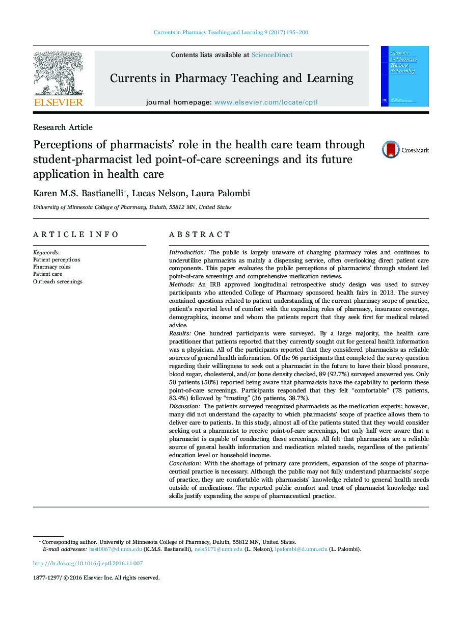 Perceptions of pharmacists' role in the health care team through student-pharmacist led point-of-care screenings and its future application in health care