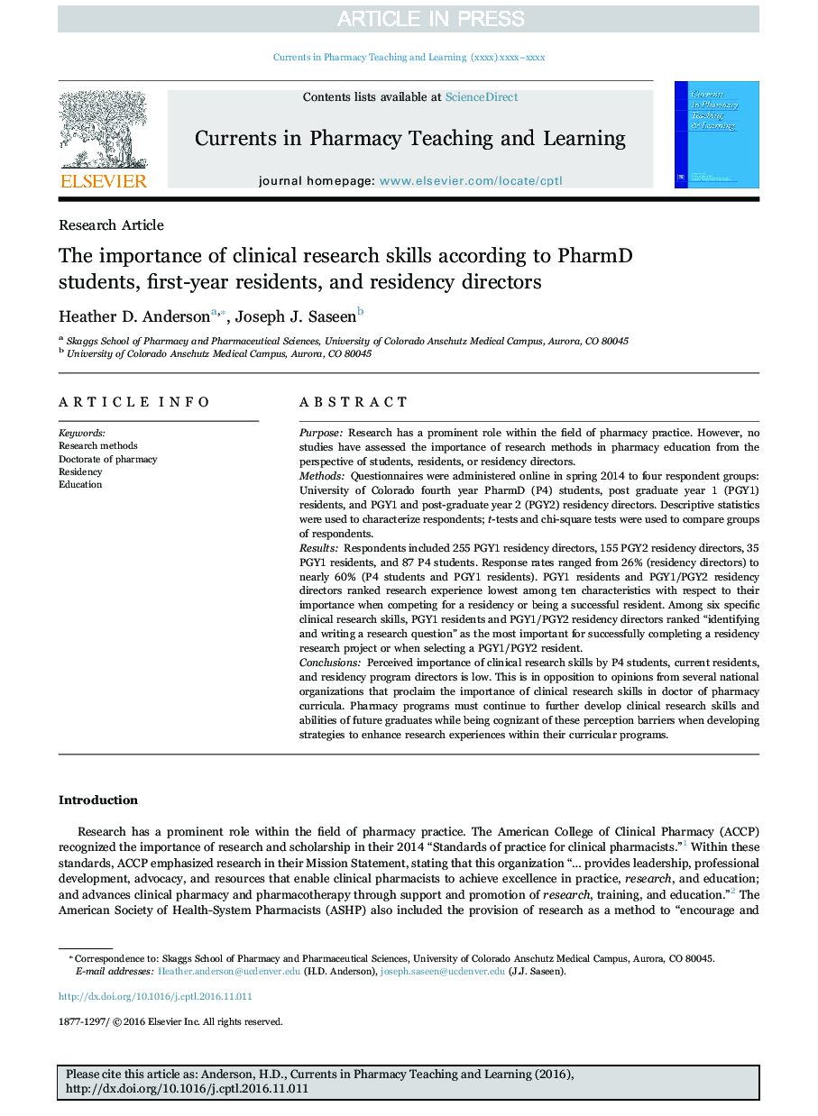 The importance of clinical research skills according to PharmD students, first-year residents, and residency directors