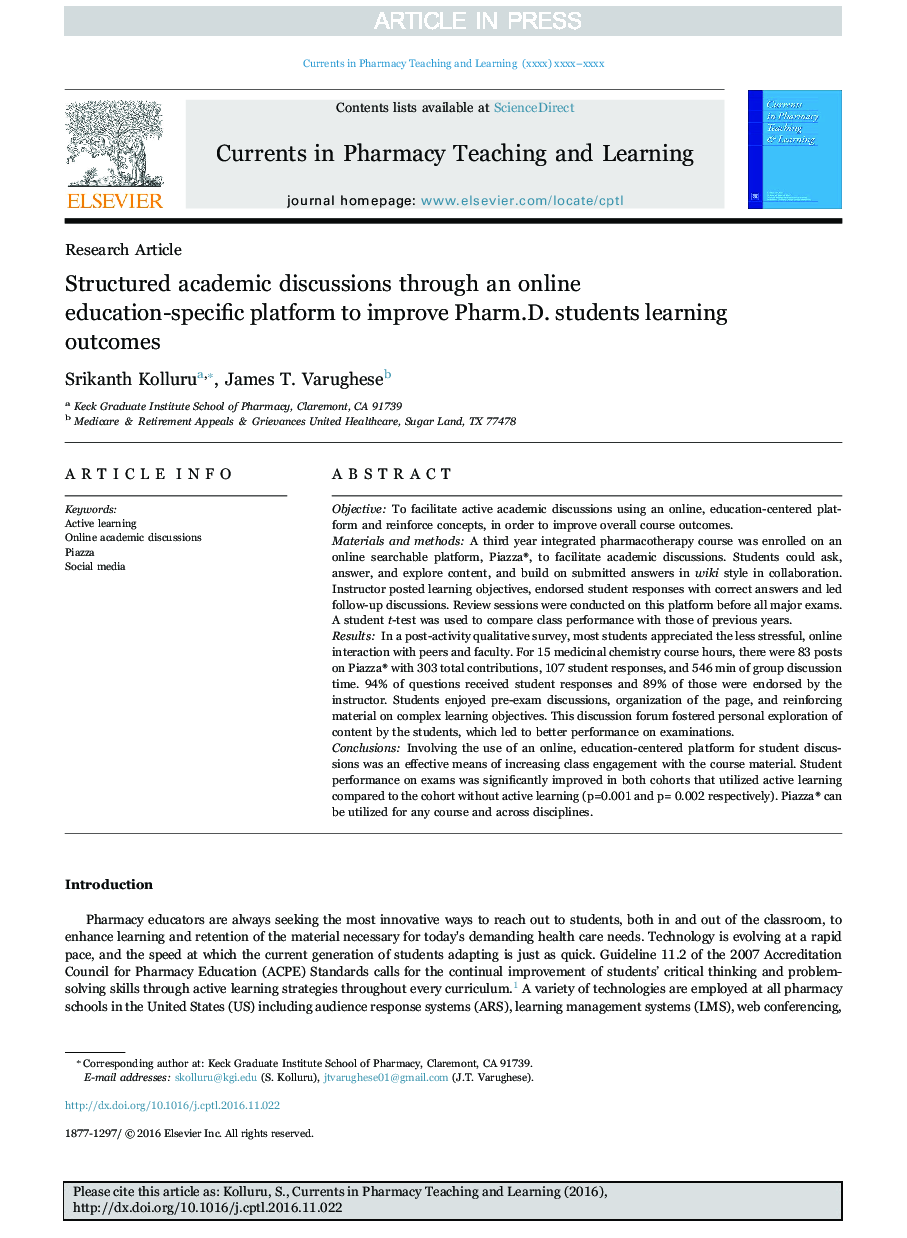 Structured academic discussions through an online education-specific platform to improve Pharm.D. students learning outcomes