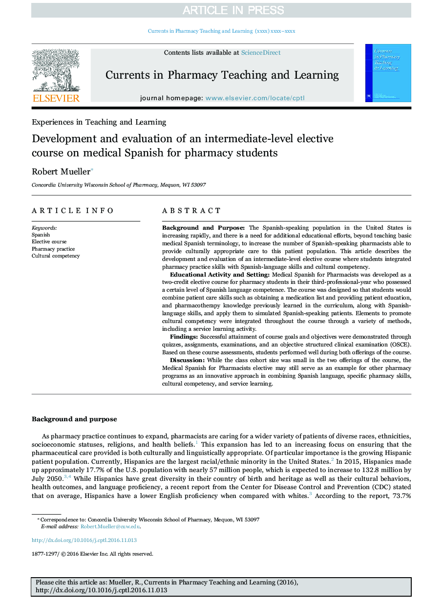 Development and evaluation of an intermediate-level elective course on medical Spanish for pharmacy students