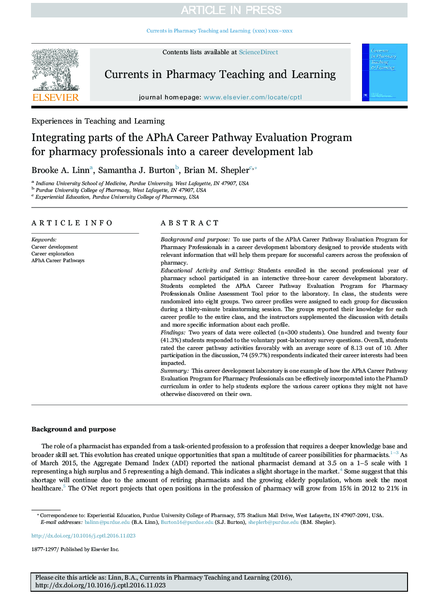 Integrating parts of the APhA Career Pathway Evaluation Program for pharmacy professionals into a career development lab