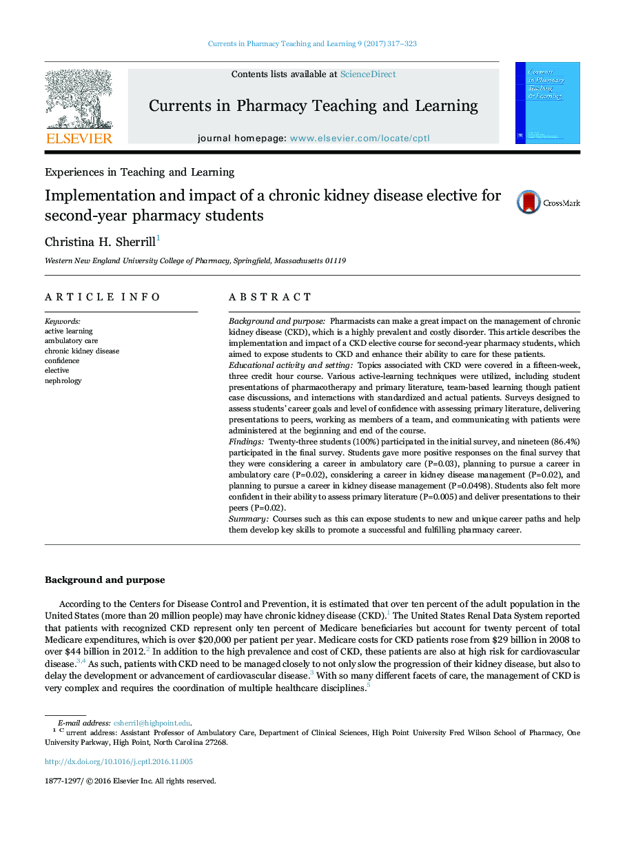 Implementation and impact of a chronic kidney disease elective for second-year pharmacy students