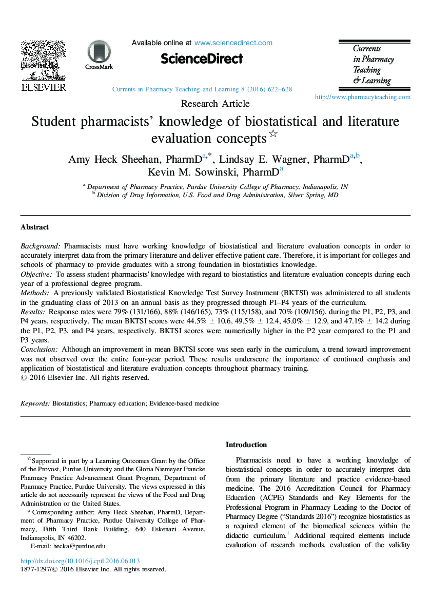 Student pharmacists' knowledge of biostatistical and literature evaluation concepts