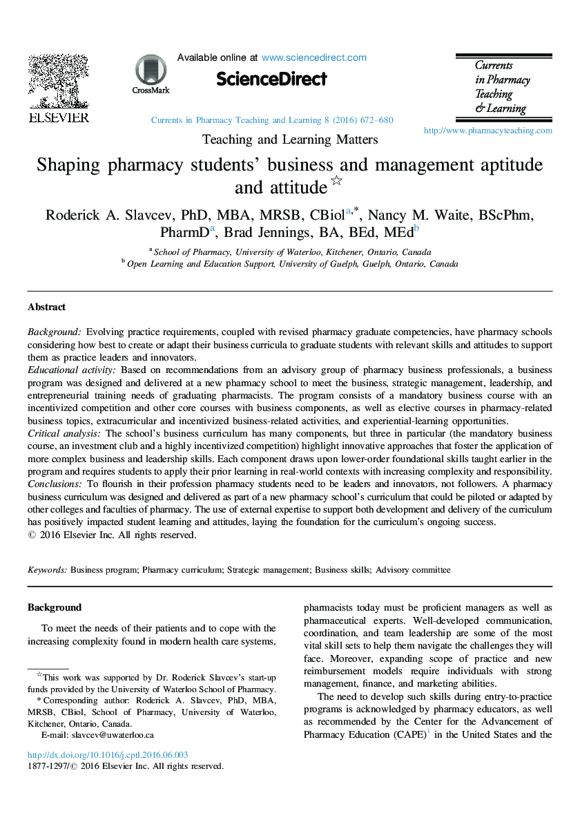 Shaping pharmacy studentsÊ¼ business and management aptitude and attitude