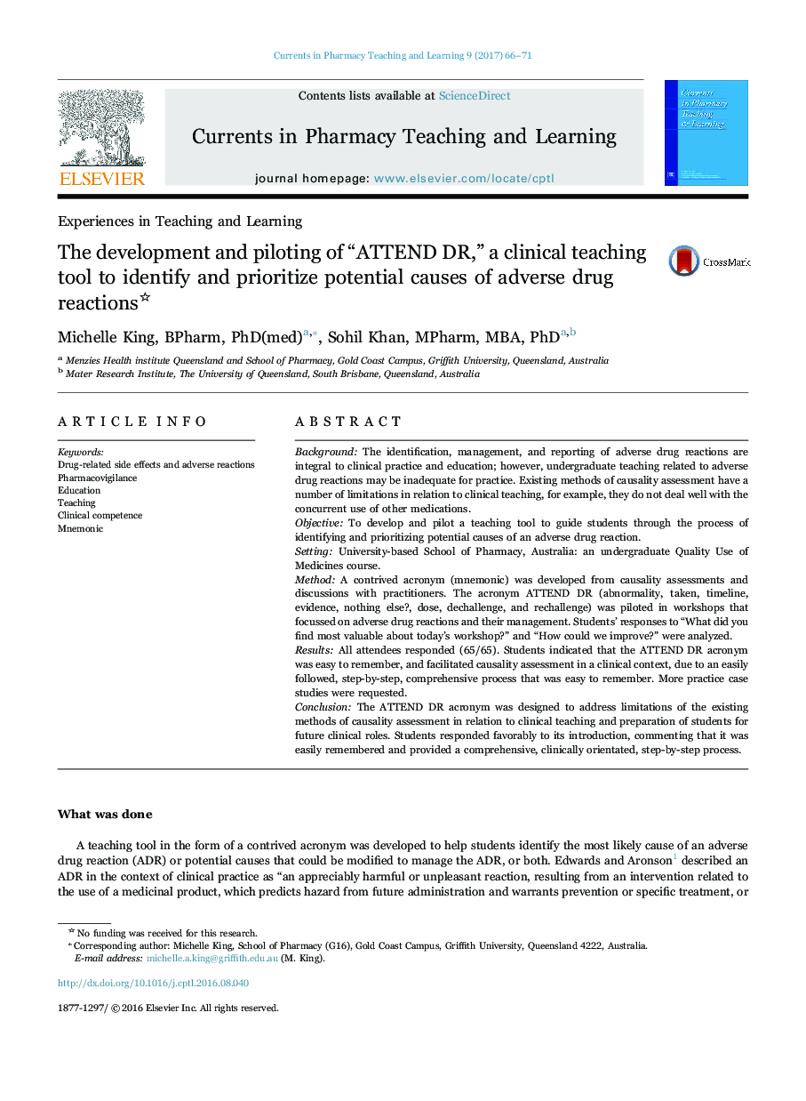 The development and piloting of “ATTEND DR,” a clinical teaching tool to identify and prioritize potential causes of adverse drug reactions