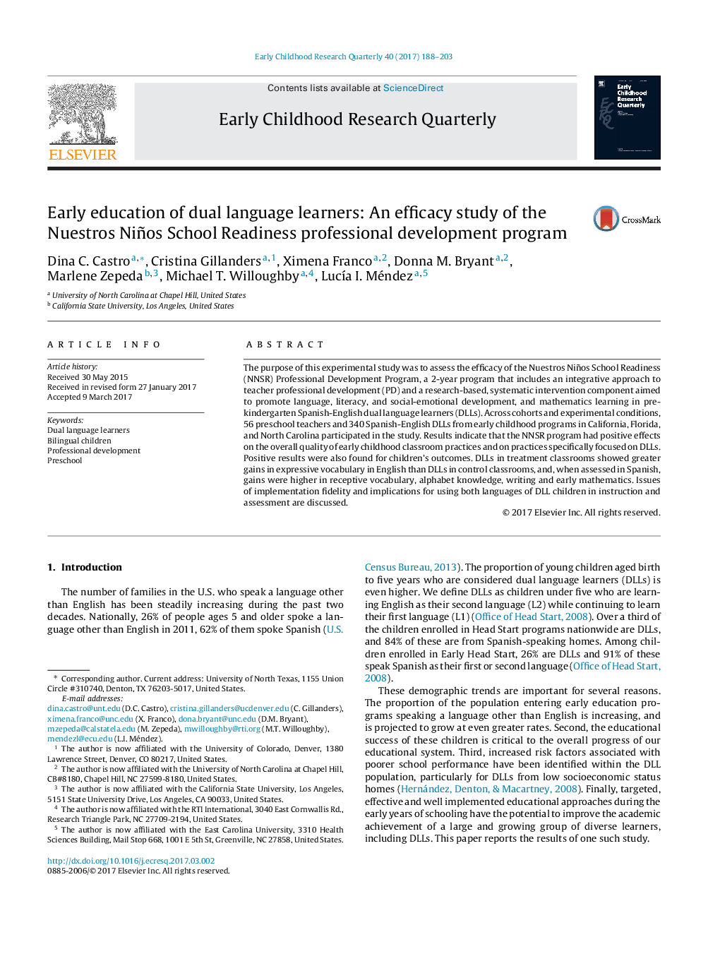 Early education of dual language learners: An efficacy study of the Nuestros Niños School Readiness professional development program