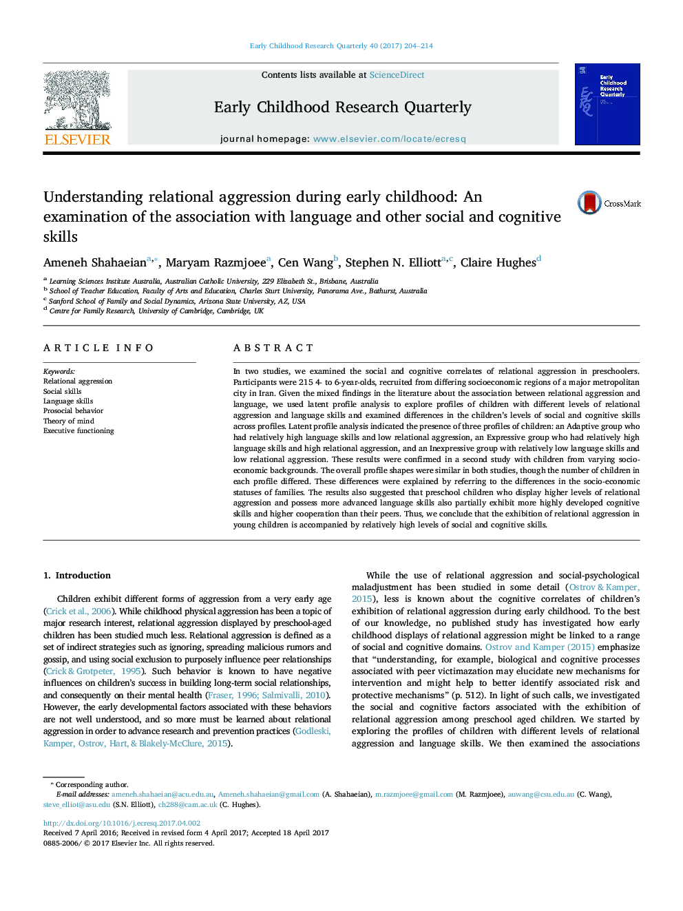 Understanding relational aggression during early childhood: An examination of the association with language and other social and cognitive skills