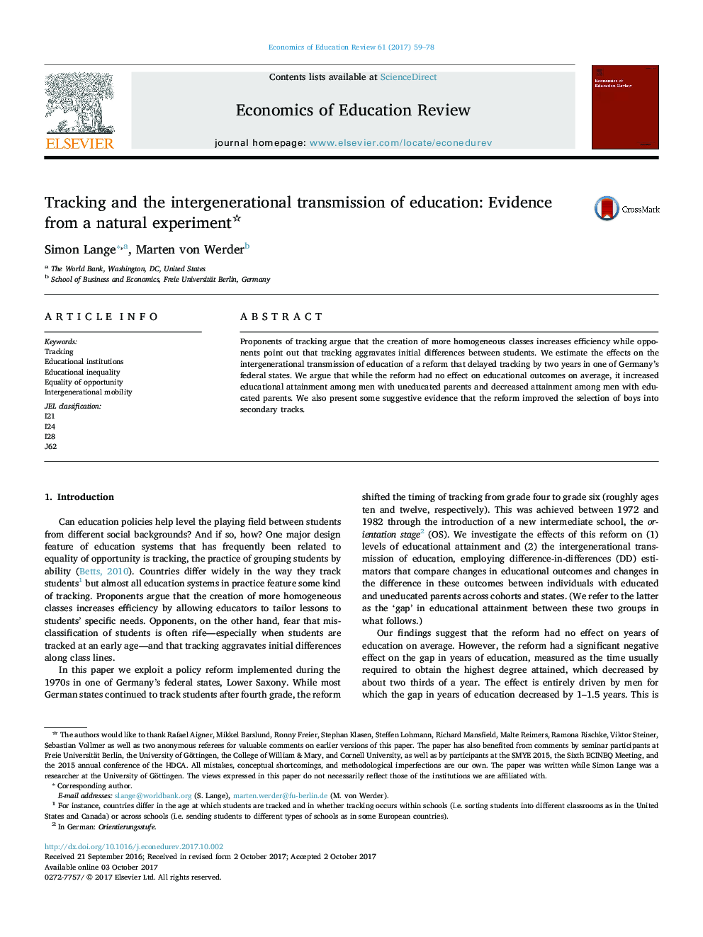 Tracking and the intergenerational transmission of education: Evidence from a natural experiment