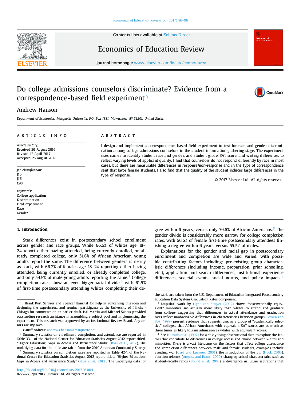 Do college admissions counselors discriminate? Evidence from a correspondence-based field experiment