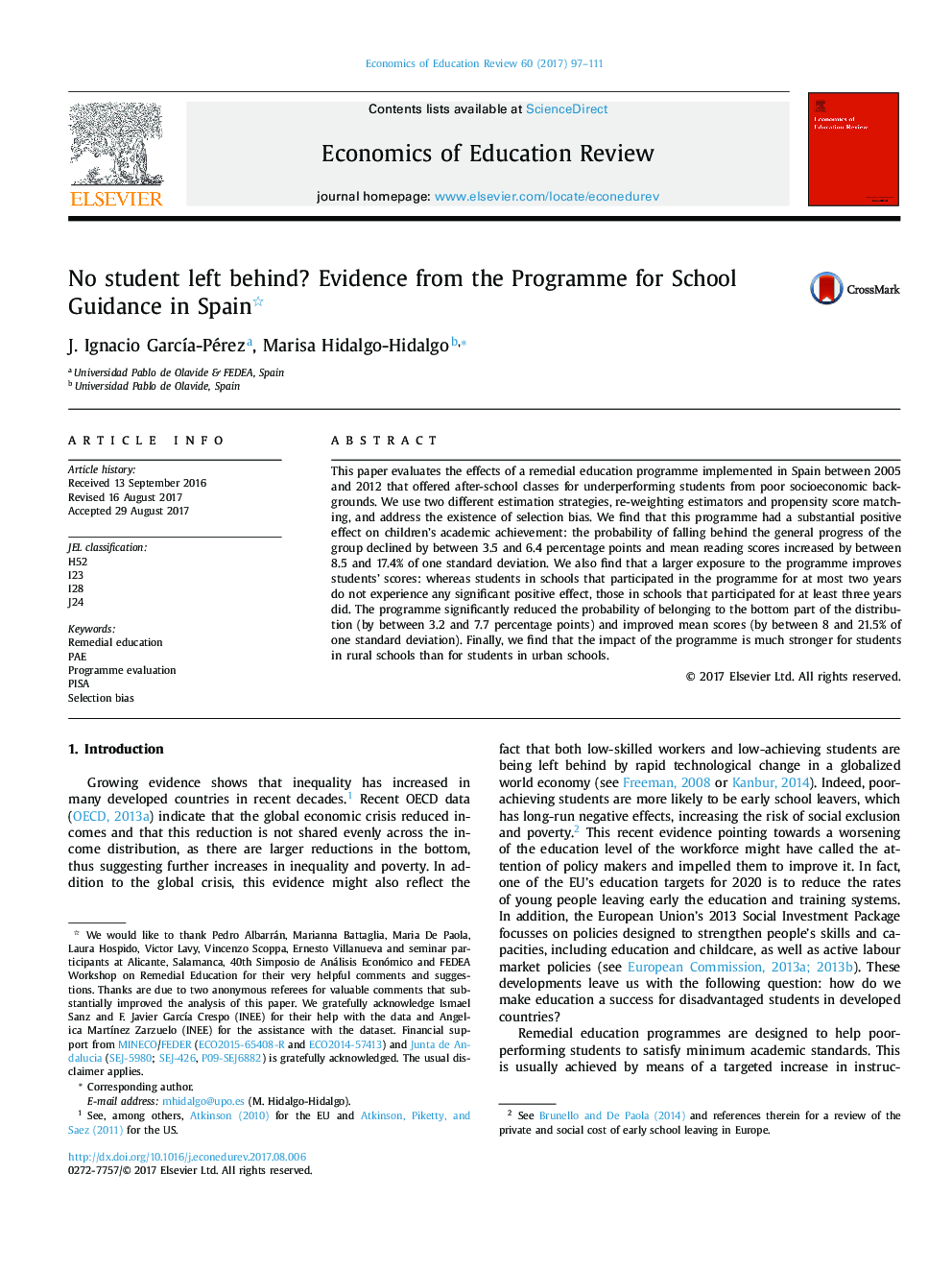 No student left behind? Evidence from the Programme for School Guidance in Spain