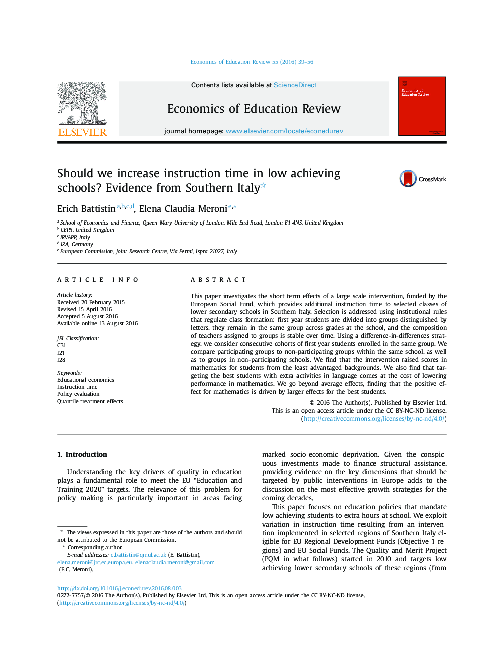 Should we increase instruction time in low achieving schools? Evidence from Southern Italy