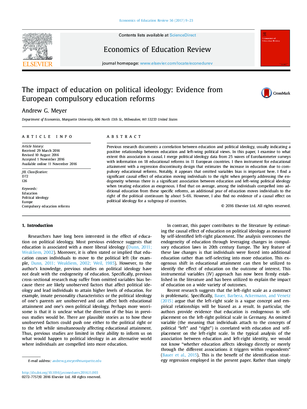 The impact of education on political ideology: Evidence from European compulsory education reforms