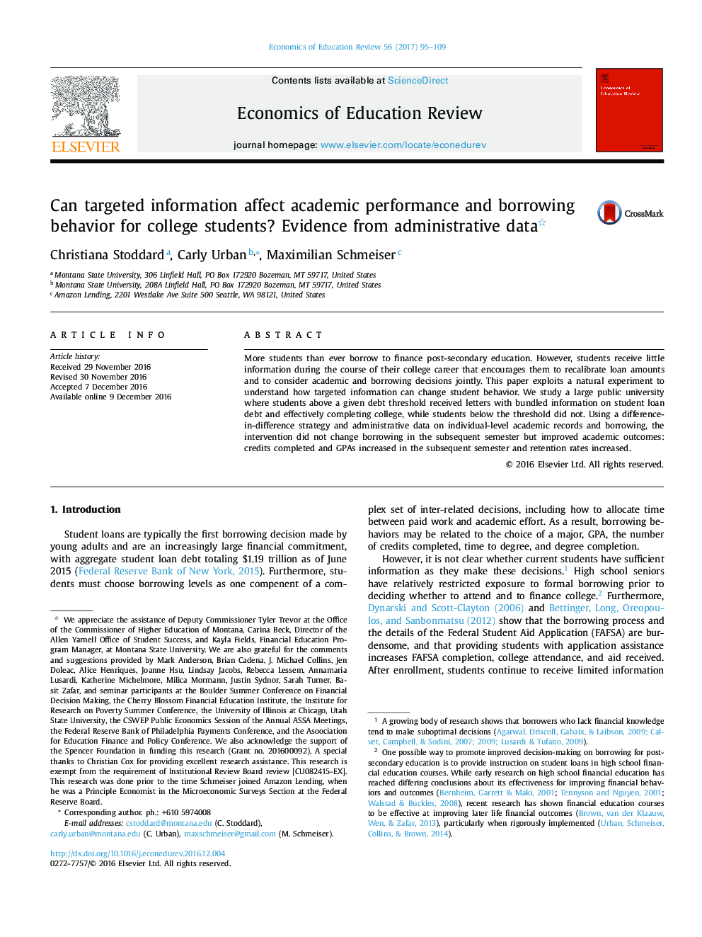 Can targeted information affect academic performance and borrowing behavior for college students? Evidence from administrative data