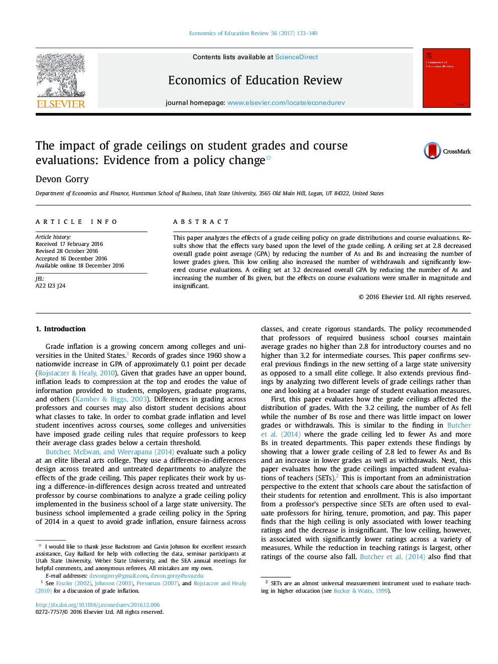 The impact of grade ceilings on student grades and course evaluations: Evidence from a policy change