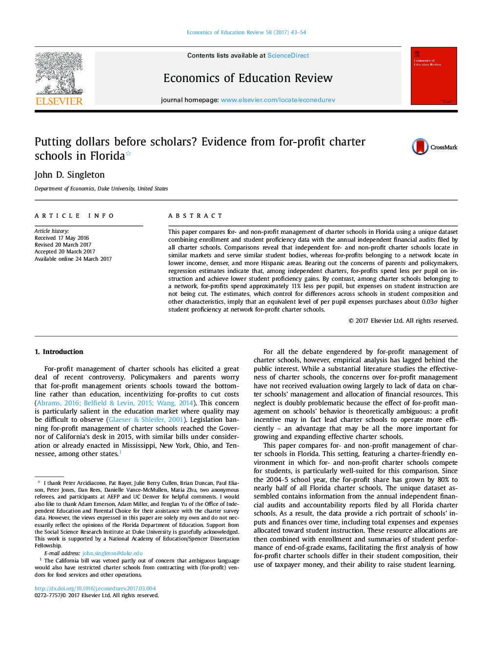 Putting dollars before scholars? Evidence from for-profit charter schools in Florida